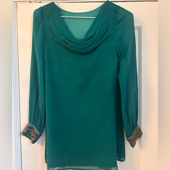 Guess by Marciano Teal 100% Silk Blouse XS | Beaded Cuff Detail - Picture 2 of 5